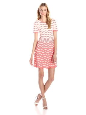 Trina Turk Coral and White Chevron Short-Sleeve A-Line Dress